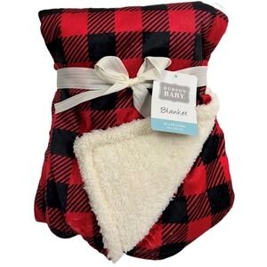 Hudson Baby Red Black Plaid Baby Blanket Beige Sherpa Thick Warm 30x40 NWT